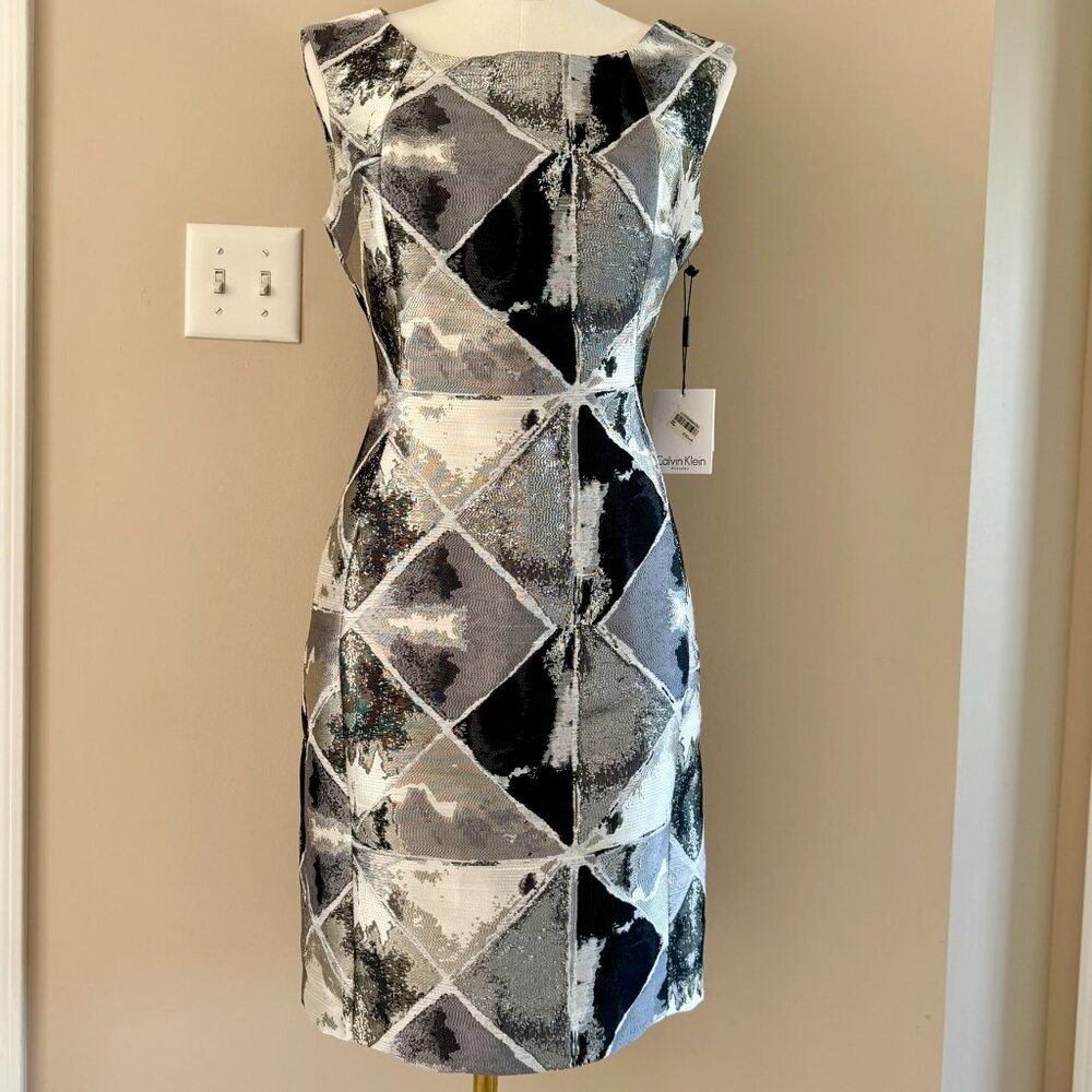 NWT Calvin Klein | Black & Silver Metallic Brocade Cocktail Dress Sz 6 - Picture 2 of 7